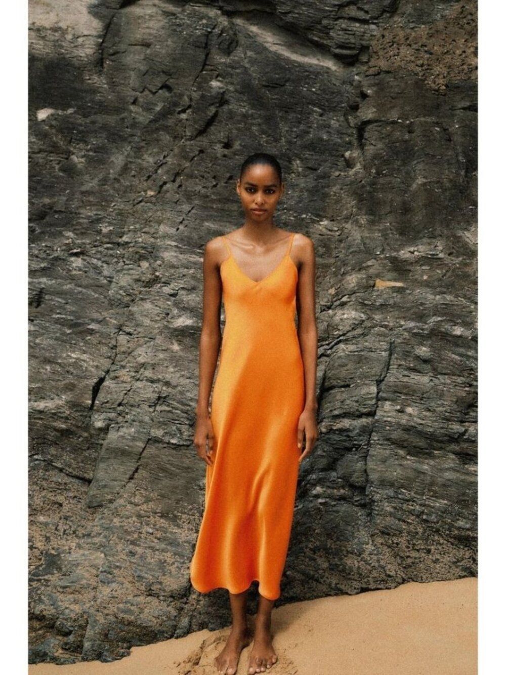 Zara Womens Slip Dress 2XL Orange Satin Effect Sleeveless Midi 3717/341 NWT